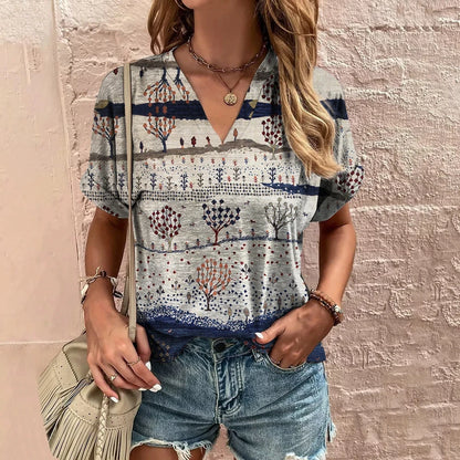 New Vintage Women's T-Shirt Summer V-Neck Short Sleeve Tee Casual Harajuku Stripe Print T Shirt for Women Streetwear Pullover
