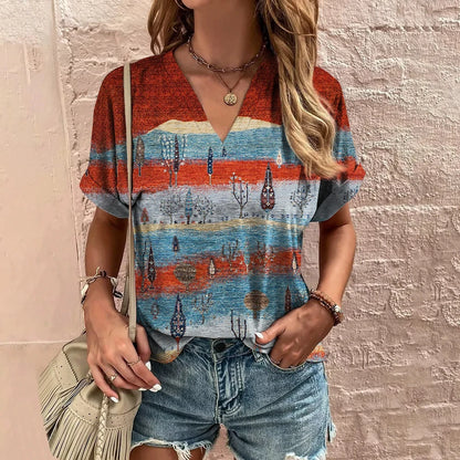 New Vintage Women's T-Shirt Summer V-Neck Short Sleeve Tee Casual Harajuku Stripe Print T Shirt for Women Streetwear Pullover
