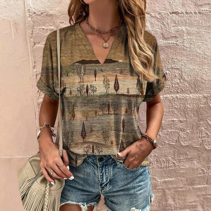 New Vintage Women's T-Shirt Summer V-Neck Short Sleeve Tee Casual Harajuku Stripe Print T Shirt for Women Streetwear Pullover