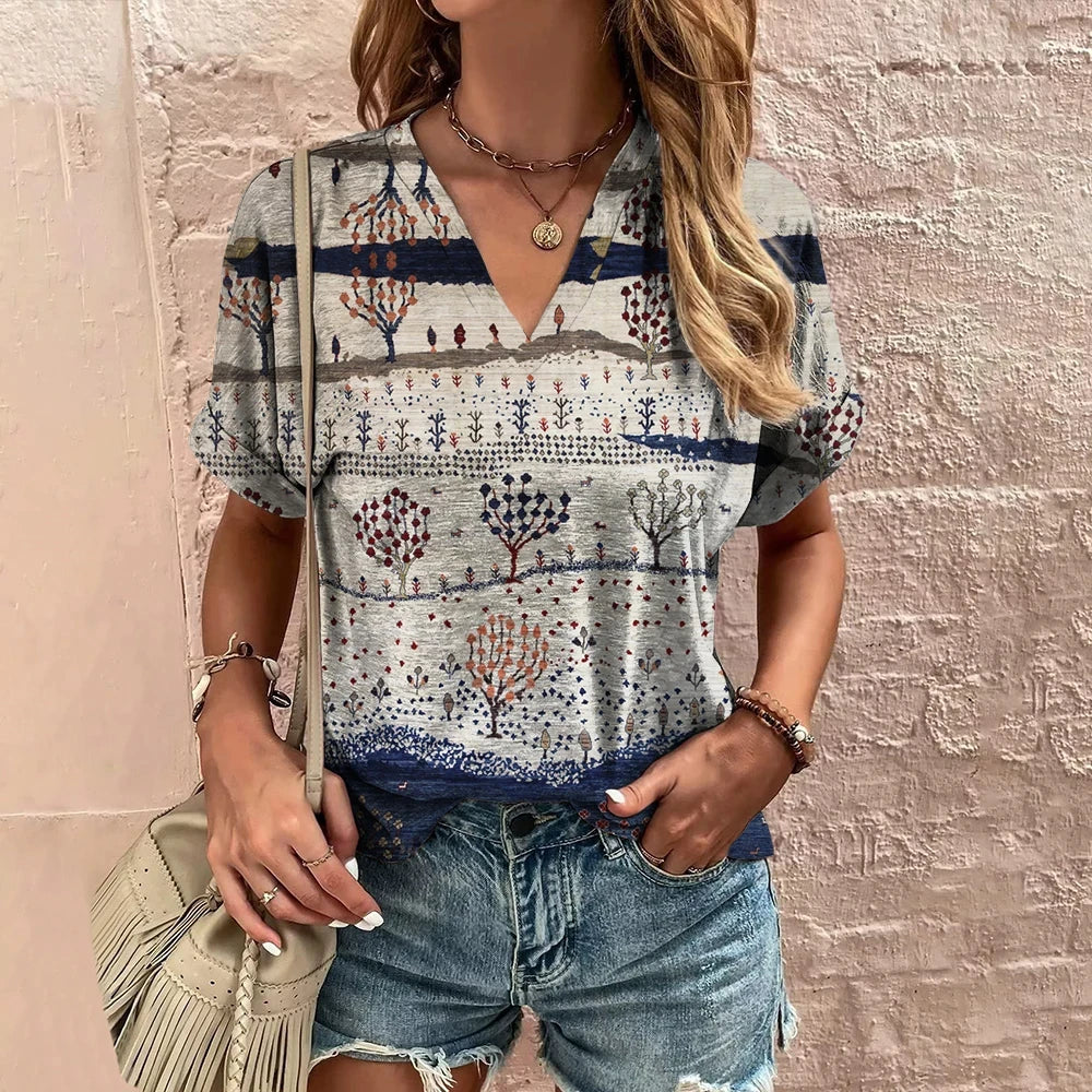 New Vintage Women's T-Shirt Summer V-Neck Short Sleeve Tee Casual Harajuku Stripe Print T Shirt for Women Streetwear Pullover