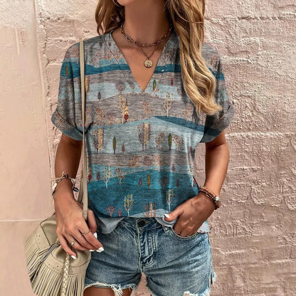 New Vintage Women's T-Shirt Summer V-Neck Short Sleeve Tee Casual Harajuku Stripe Print T Shirt for Women Streetwear Pullover