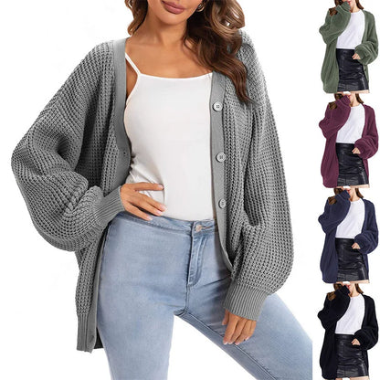 Womens Winter Pullover Damen Long-sleeved Solid Color Knitted Button Cardigan Sweater Jacket Strickjacken Damen Nuevo En Abrigos