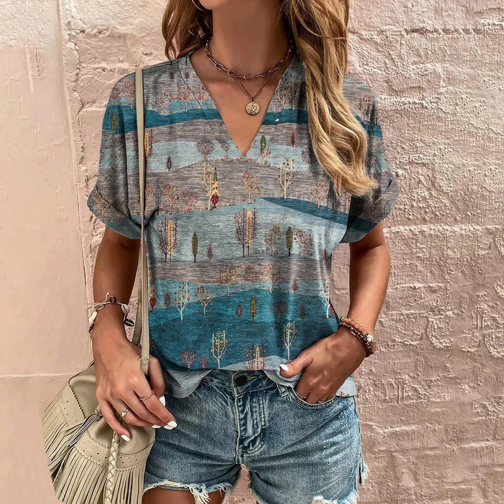 New Vintage Women's T-Shirt Summer V-Neck Short Sleeve Tee Casual Harajuku Stripe Print T Shirt for Women Streetwear Pullover