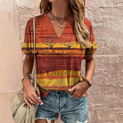 New Vintage Women's T-Shirt Summer V-Neck Short Sleeve Tee Casual Harajuku Stripe Print T Shirt for Women Streetwear Pullover