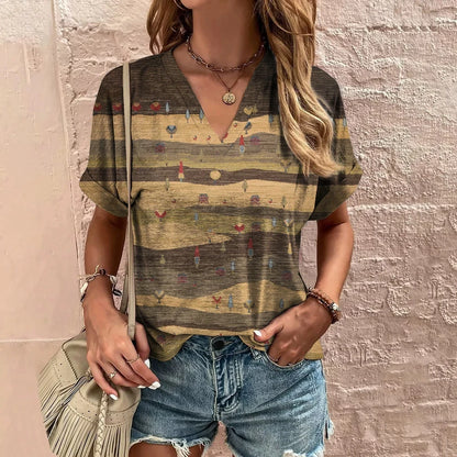 New Vintage Women's T-Shirt Summer V-Neck Short Sleeve Tee Casual Harajuku Stripe Print T Shirt for Women Streetwear Pullover