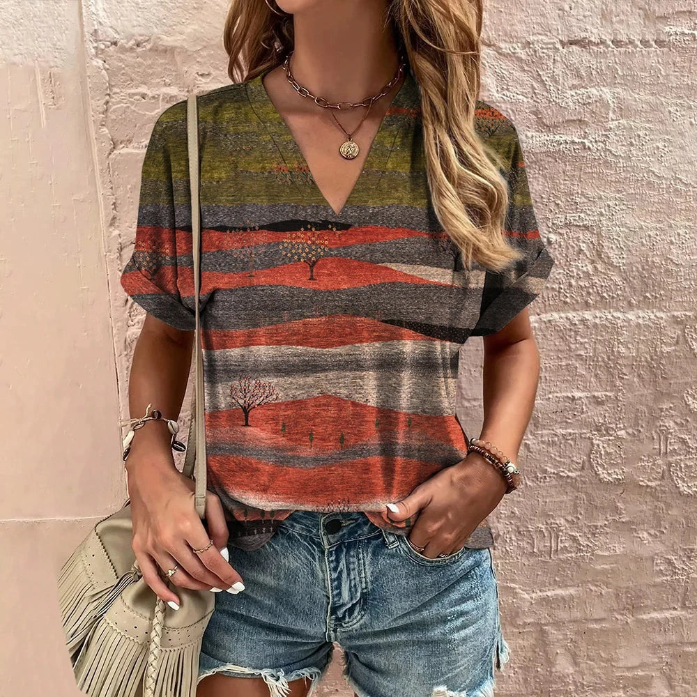 New Vintage Women's T-Shirt Summer V-Neck Short Sleeve Tee Casual Harajuku Stripe Print T Shirt for Women Streetwear Pullover