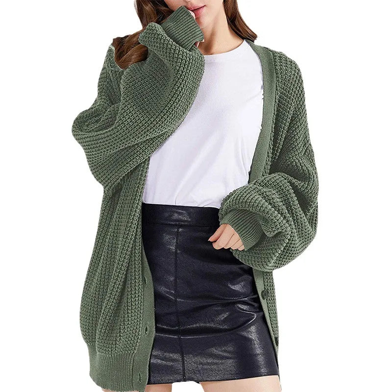 Womens Winter Pullover Damen Long-sleeved Solid Color Knitted Button Cardigan Sweater Jacket Strickjacken Damen Nuevo En Abrigos