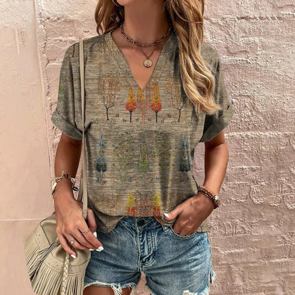 New Vintage Women's T-Shirt Summer V-Neck Short Sleeve Tee Casual Harajuku Stripe Print T Shirt for Women Streetwear Pullover